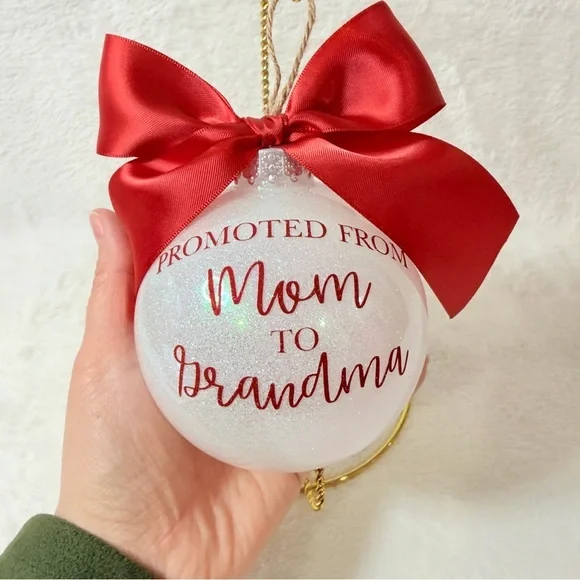 Mom to Grandma White Glitter Red Bow & Letters 5" Holiday Christmas Ornament - Picture 1 of 2